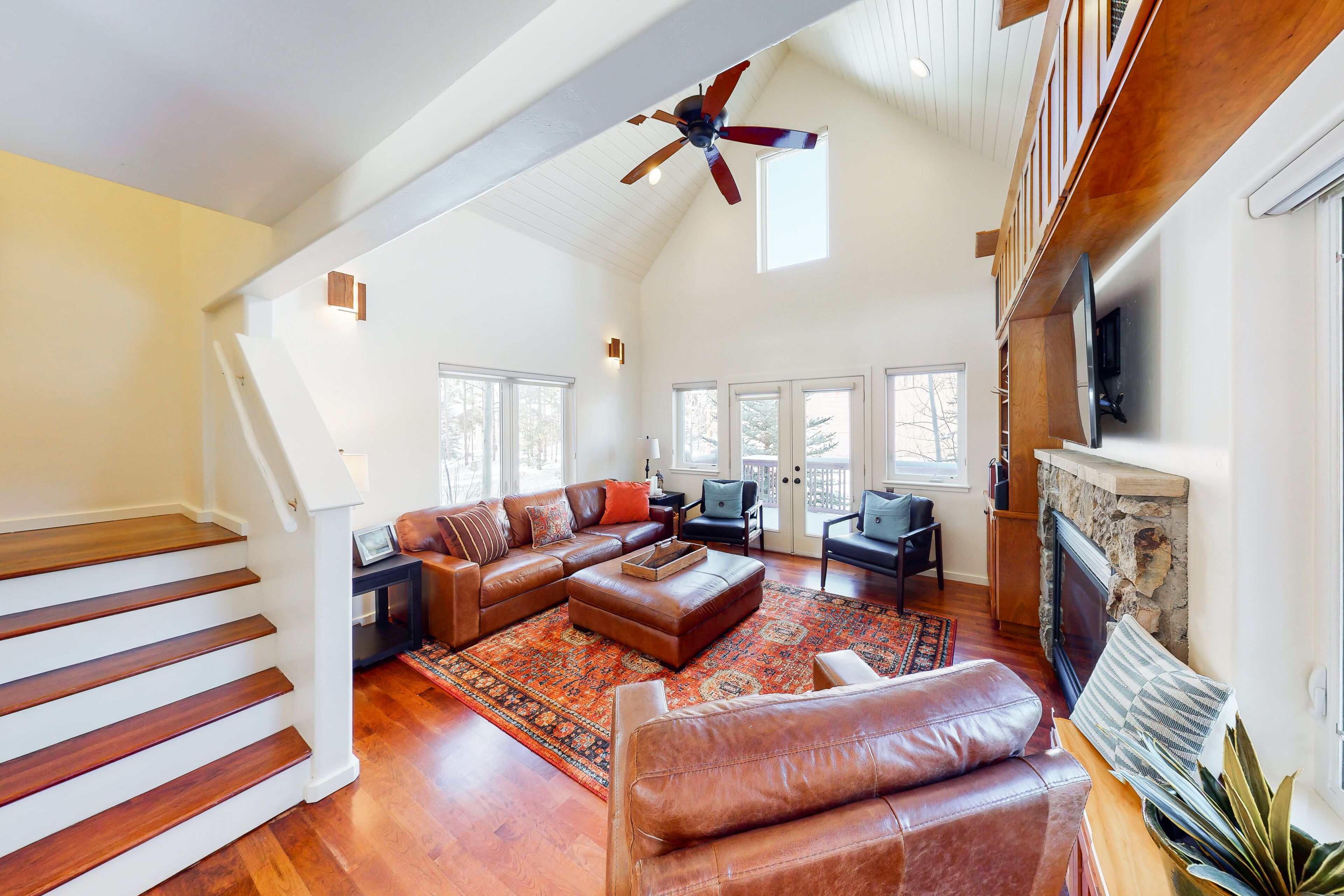TV, fireplace, books, stereo