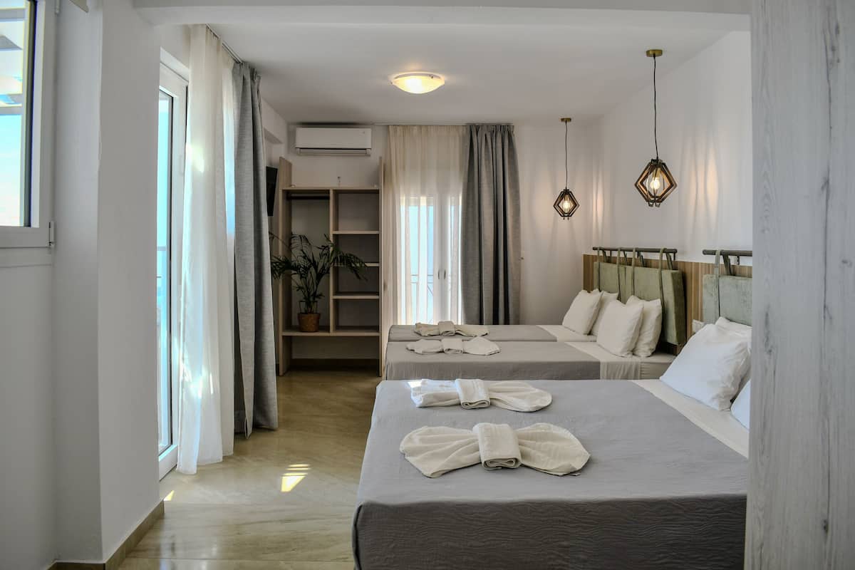 Habitación de hotel con dos camas, un armario, una planta en maceta y vistas al exterior.