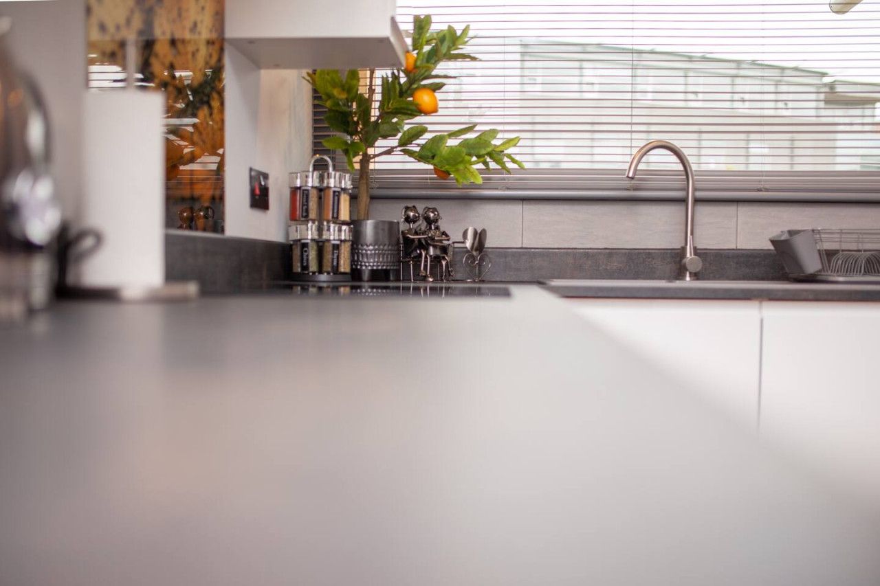 A modern kitchen with a stainless steel sink, a potted plant, and a window with blinds.