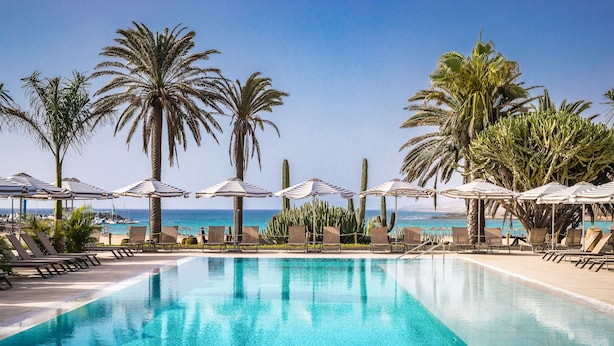 Un espace piscine avec des chaises longues et des parasols, des palmiers et une vue sur la mer.