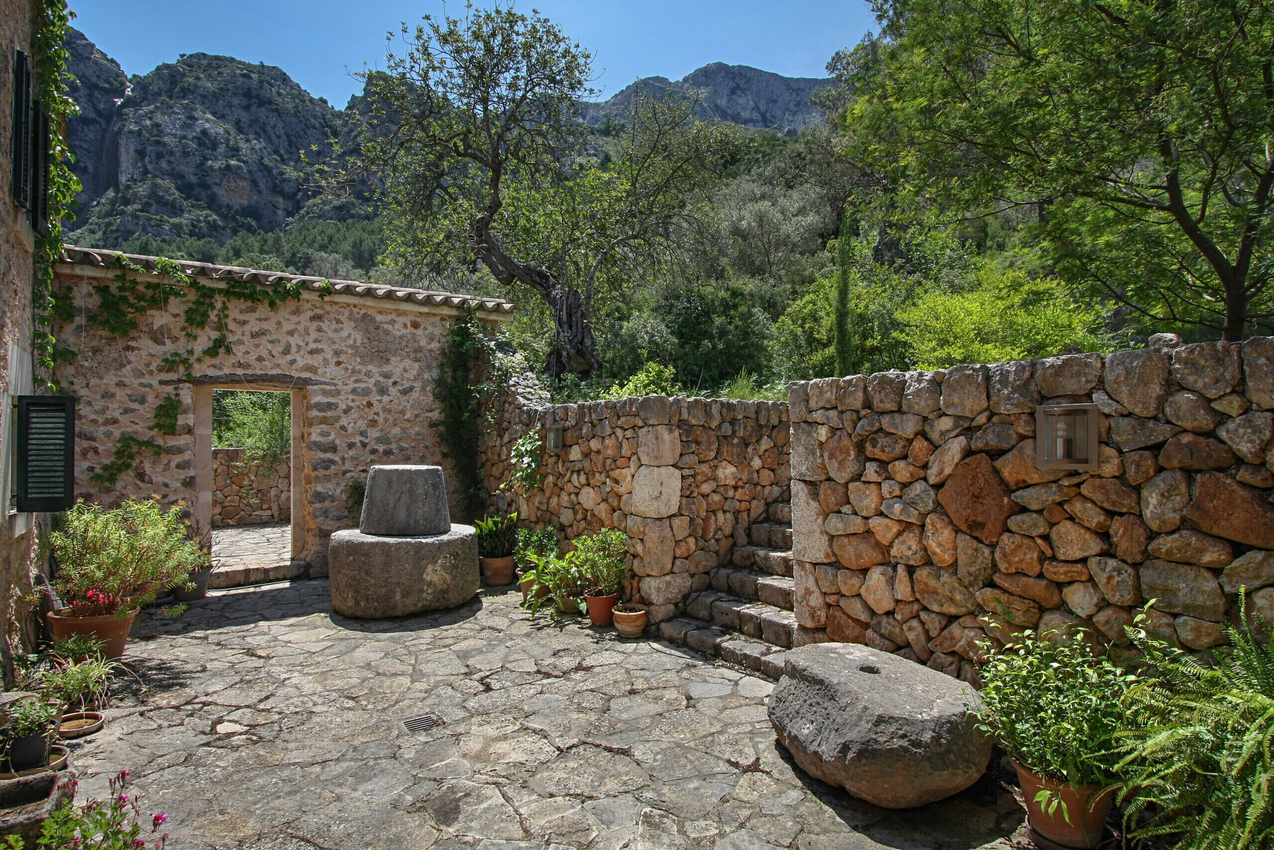 A stone courtyard with a rustic stone wall, potted plants, and a door leading to a building.