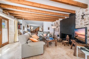 Televisión, chimenea, reproductor de DVD y tenis de mesa 