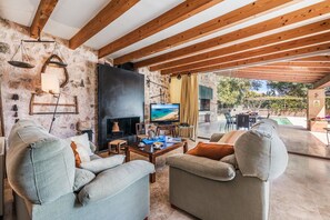 Televisión, chimenea, reproductor de DVD y tenis de mesa 