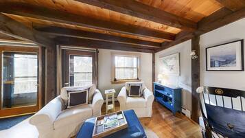 TV, fireplace, books, stereo