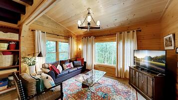 Televisión de pantalla plana, reproductor de DVD, libros, videoteca