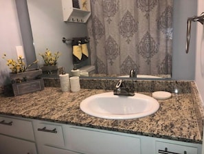 Combined shower/bathtub, hair dryer, towels, soap