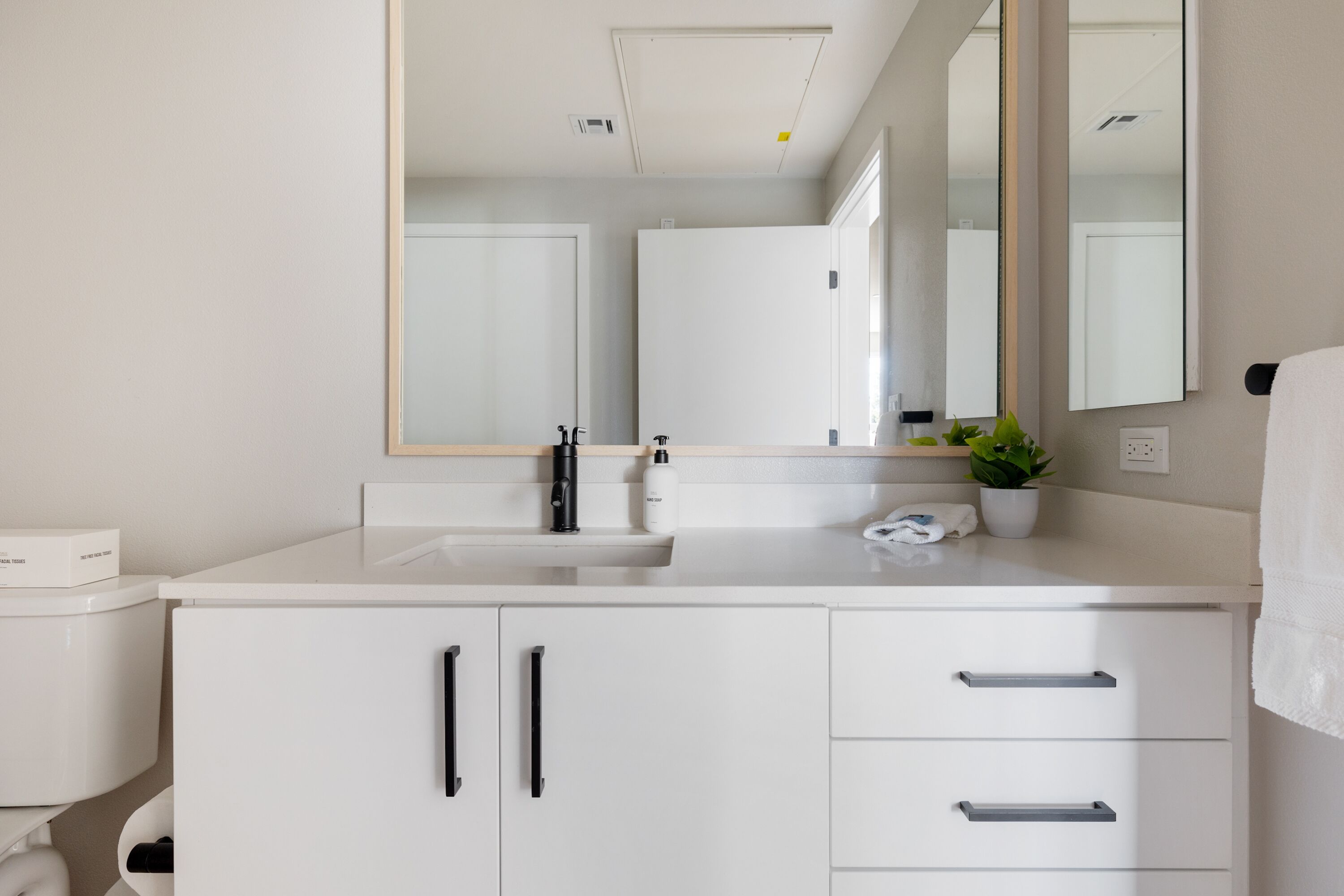Un bagno moderno con un mobile lavabo bianco, uno specchio grande e una pianta in vaso.