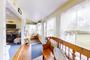 TV, DVD player, books, video library - Dog-friendly Fisher Hill home with patio and wood stove - walk to the harbor (Boothbay Harbor)