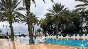 En swimmingpool med flisekant, liggestole og palmer.