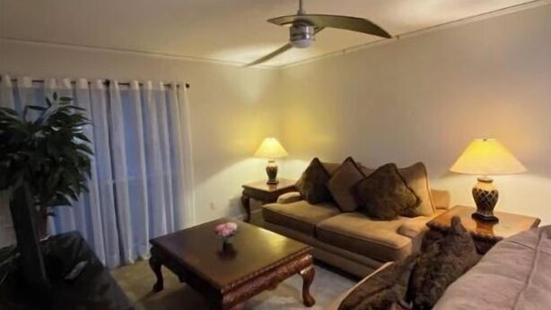Un salon avec un canapé, une table basse, une lampe et un ventilateur de plafond.