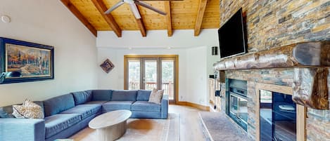 TV, fireplace, DVD player, books