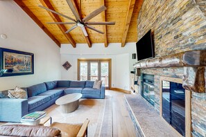 Télévision, cheminée, lecteur de DVD, livres