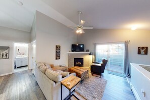 Flat-screen TV, fireplace - Luxe Mountain-View Ski Getaway | Next to Tranquil River | Pool, Hot Tub (Edwards)
