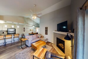 Flat-screen TV, fireplace - Luxe Mountain-View Ski Getaway | Next to Tranquil River | Pool, Hot Tub (Edwards)