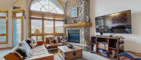 TV, fireplace, DVD player, books