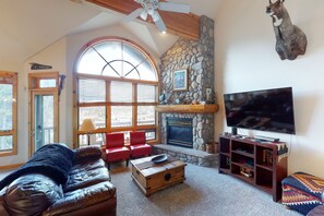 Fernseher, Kamin, DVD-Player, Bücher