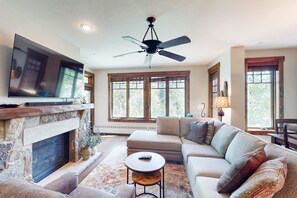 Televisión, chimenea, reproductor de DVD y estéreo 