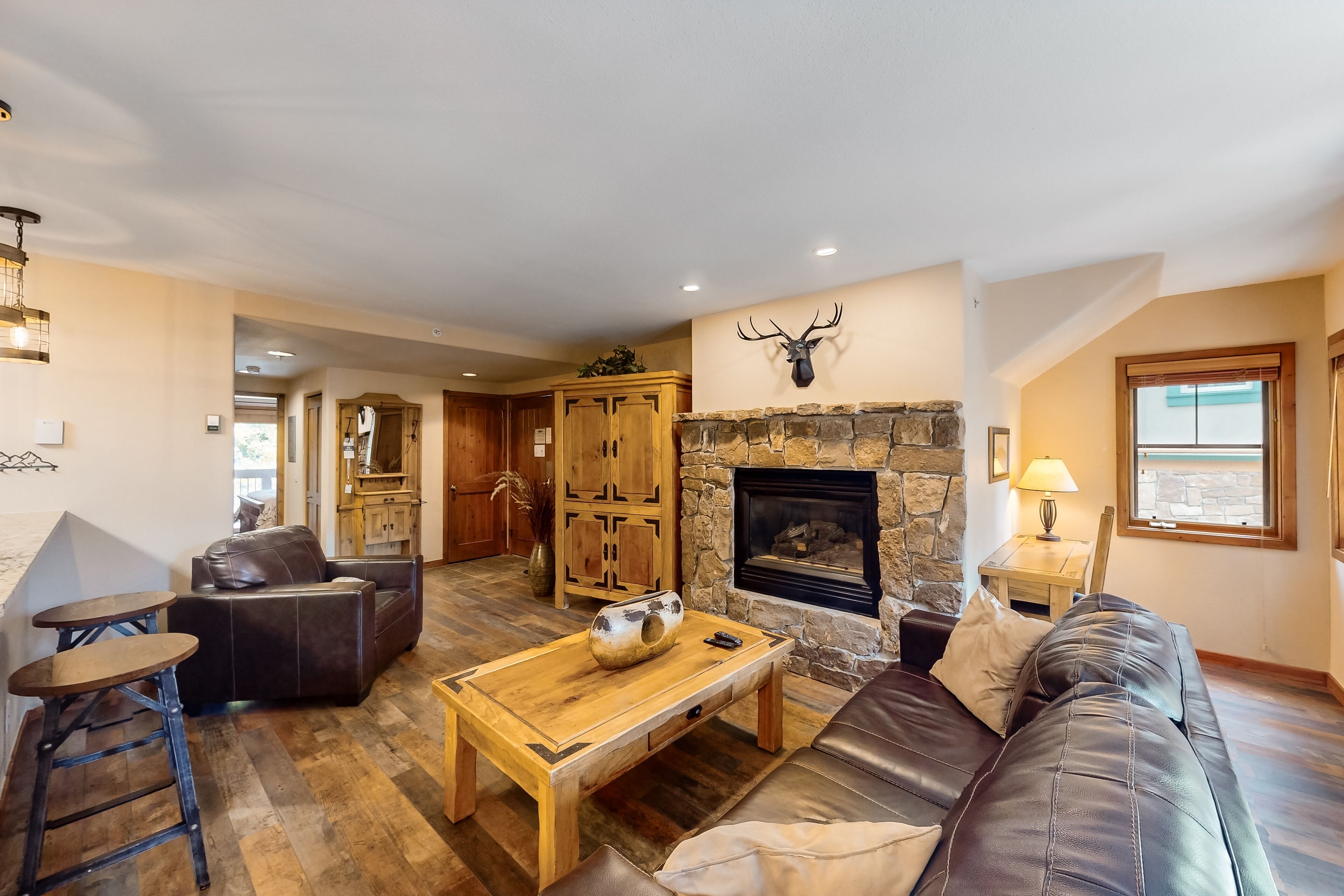 Televisie, een open haard, een dvd-speler en boeken