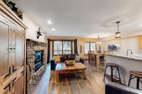 Televisión, chimenea, reproductor de DVD y libros 