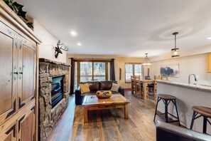 TV, fireplace, DVD player, books