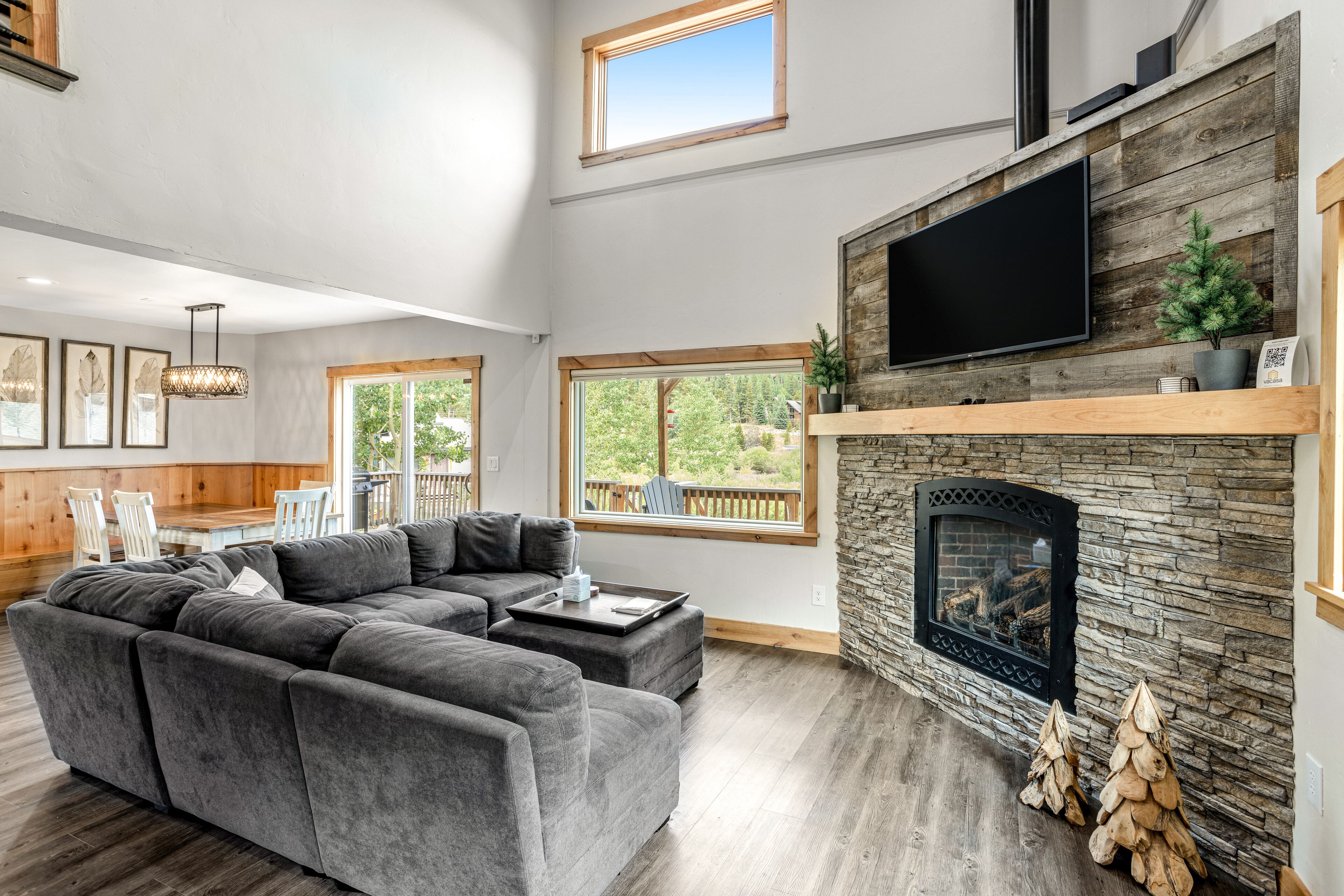 TV, fireplace, books