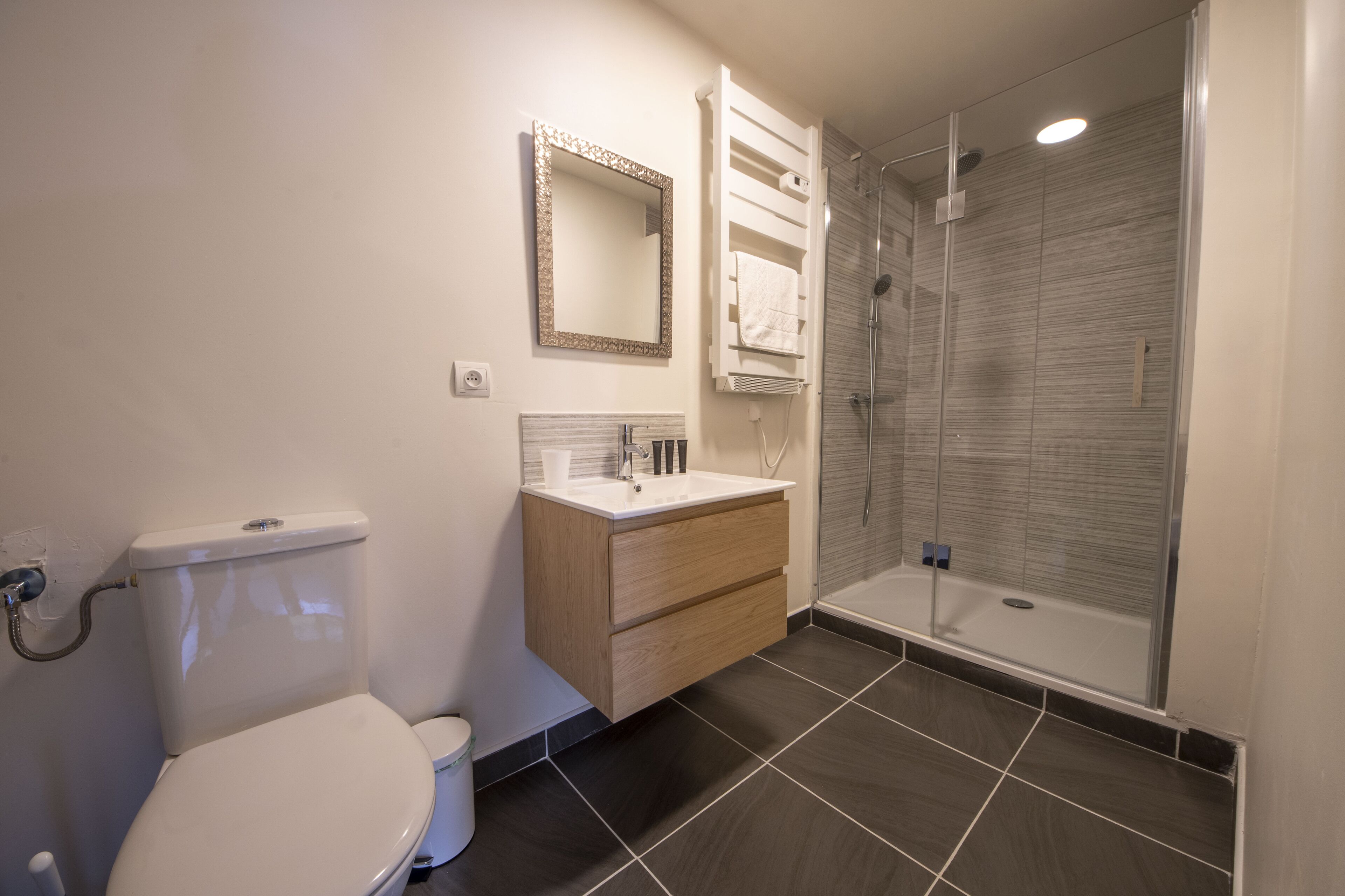 Shower, hair dryer, towels, toilet paper