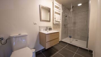 Shower, hair dryer, towels, toilet paper