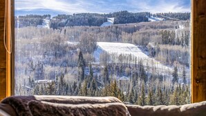 Une pièce dotée d’une grande fenêtre donnant sur un paysage enneigé, avec des arbres et une colline au loin.