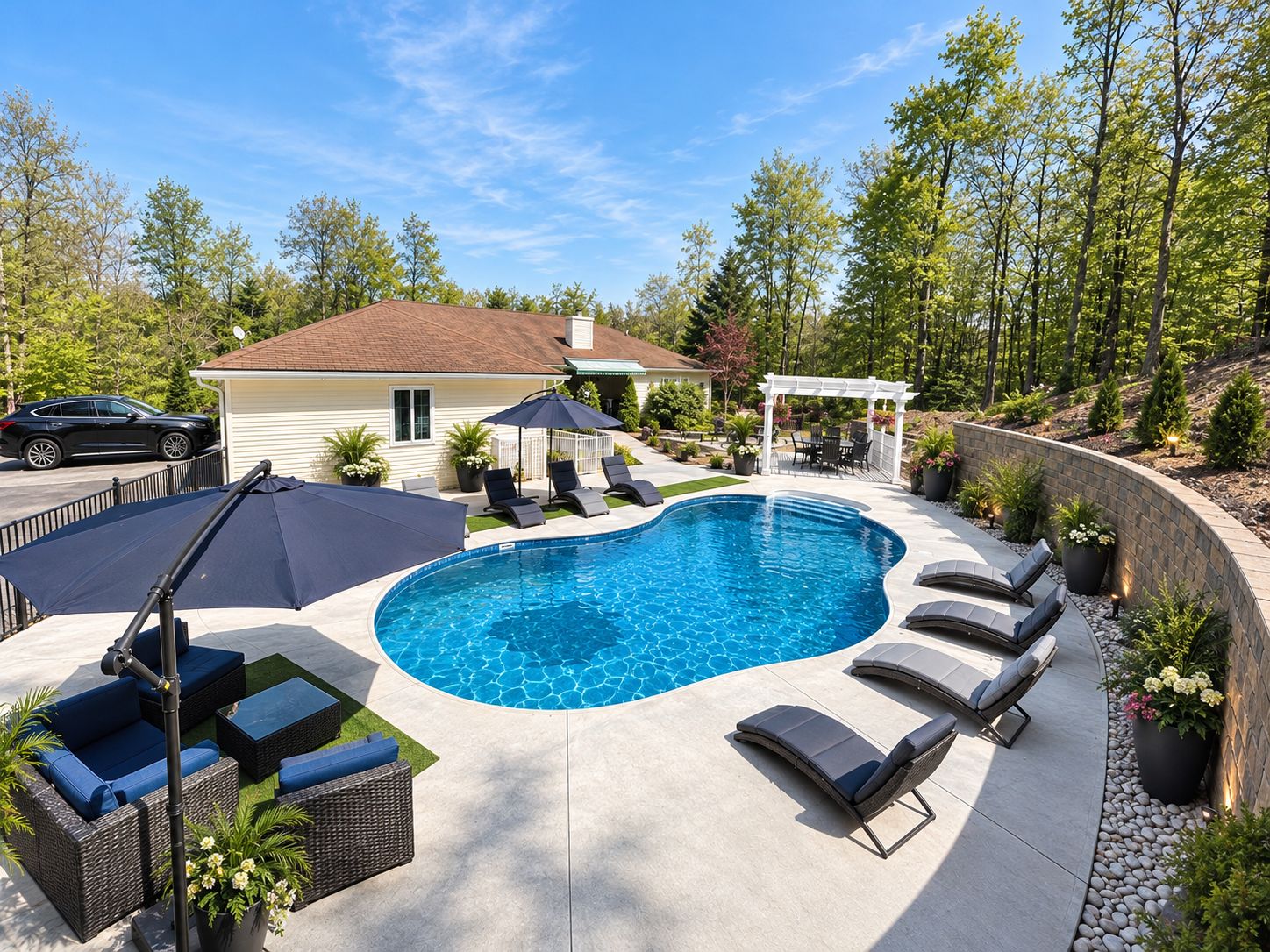 A swimming pool with lounge chairs and a pergola, surrounded by a landscaped garden and a house.