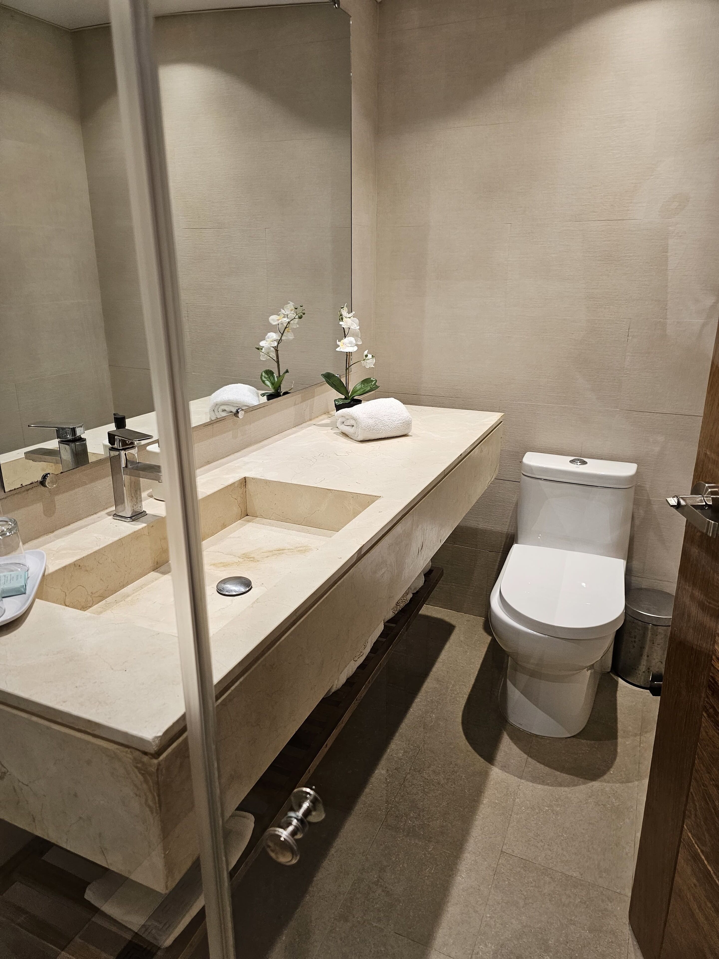 Ein modernes Badezimmer mit einem großen Waschbecken, zwei Wasserhähnen, einer Toilette und einer kleinen Mülltonne.