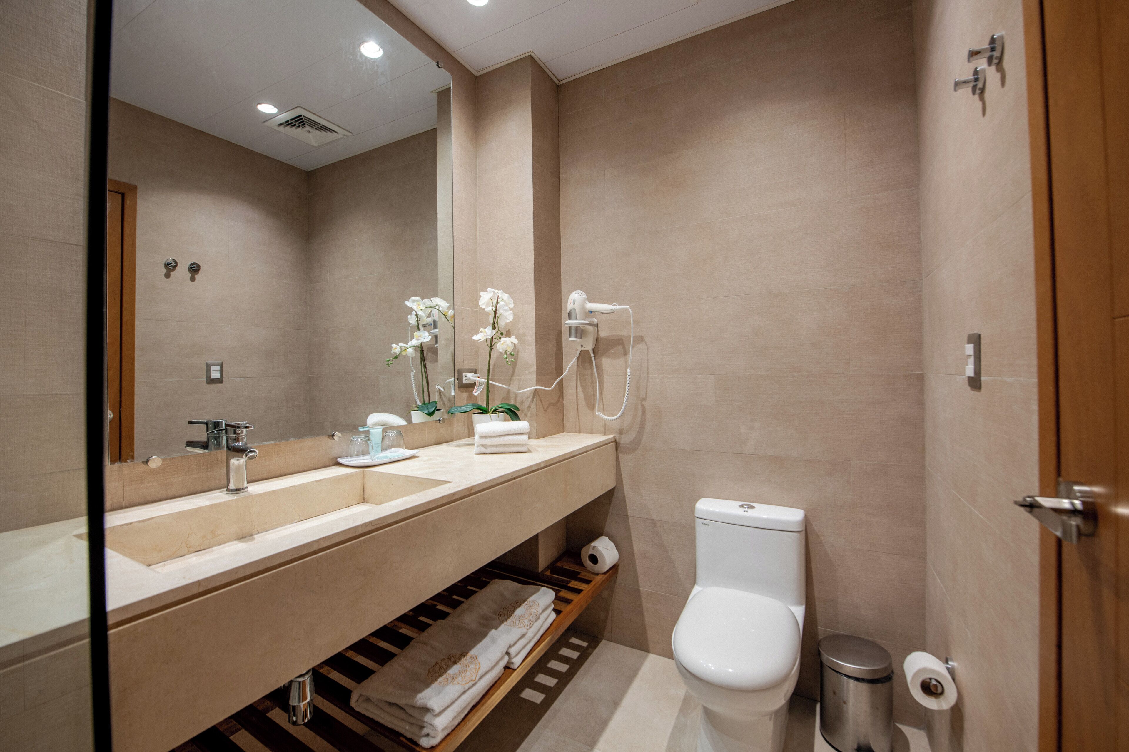 A modern bathroom with a large mirror, a sink, a toilet, and a shower area.