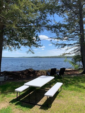 Ein Picknickplatz am See mit Tisch und Bänken, umgeben von Bäumen und mit Blick auf den ruhigen See.