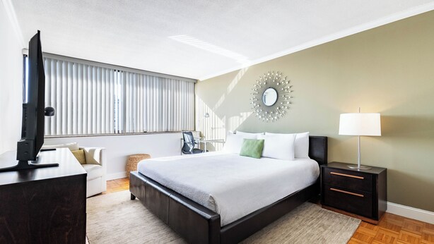 Un hotel moderno con una cama grande, un televisor de pantalla plana, una mesita de noche con lámpara y vistas al exterior por la ventana.