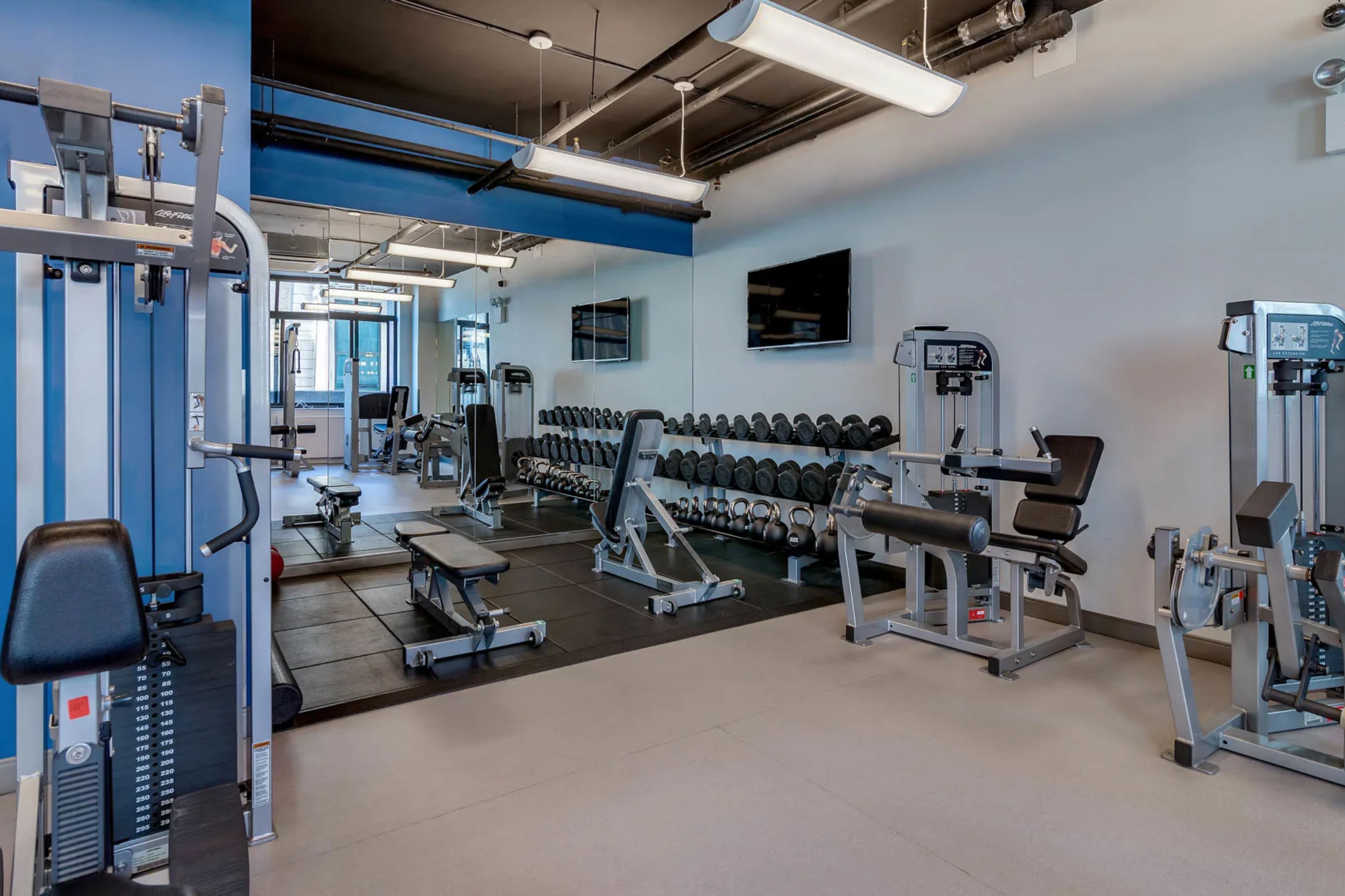 Ein Fitnessstudio mit verschiedenen Trainingsgeräten, darunter Kurzhanteln, Bänke und Kraftgeräte.