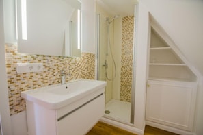 Shower, hair dryer, towels
