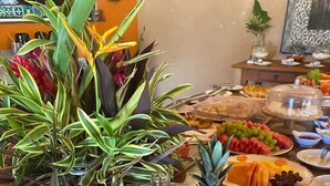 A buffet table with various fruits and vegetables, including watermelon, grapes, and pineapple. - Hotel Pousada Villa Itália (Olímpia)