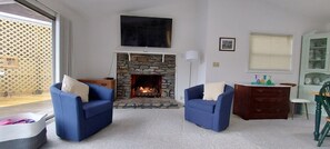 Smart TV, fireplace, DVD player, video library