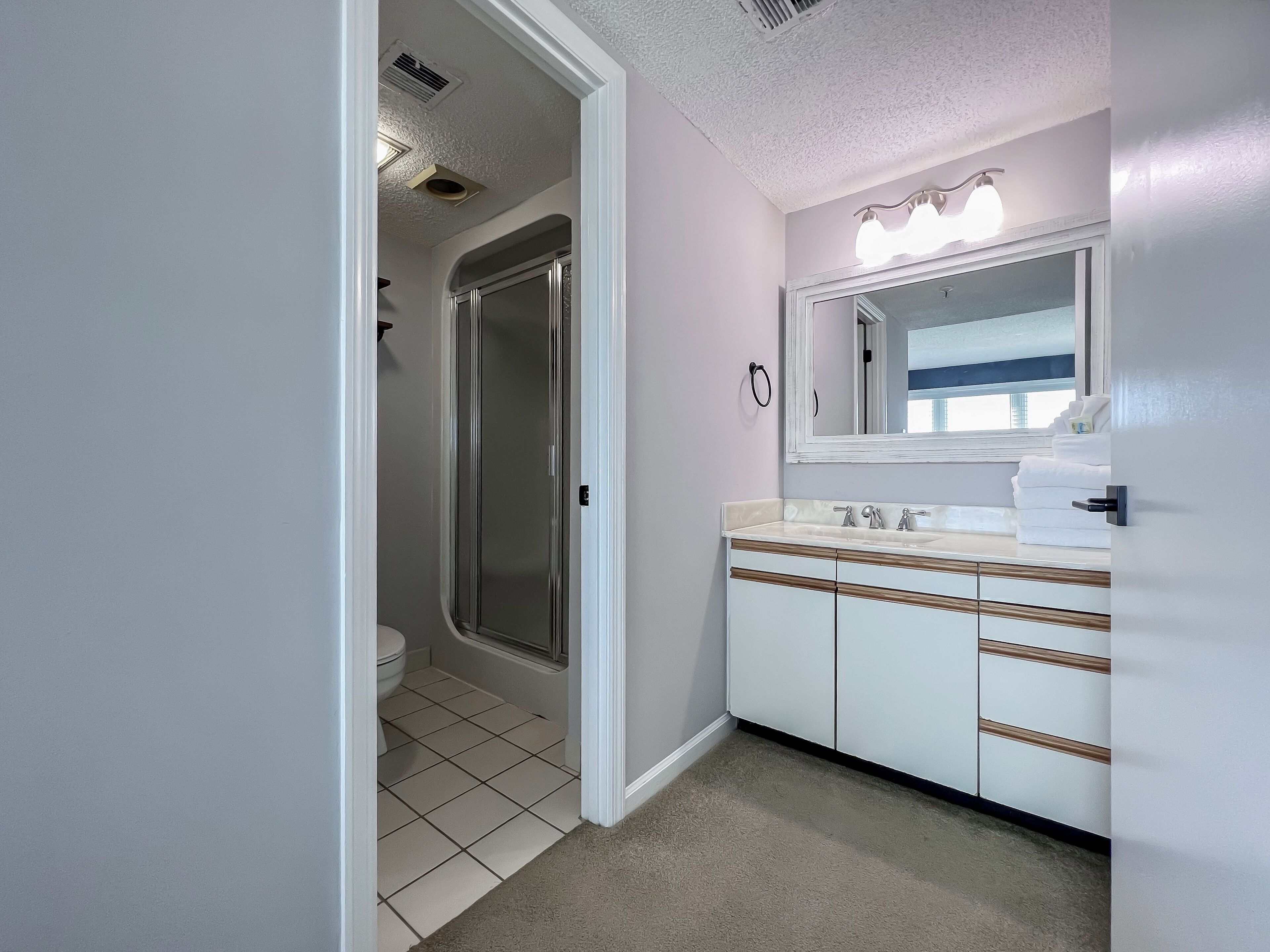 A bathroom with a shower, toilet, and vanity with a mirror and towel rack.