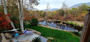 A patio with a hammock and a chair, a small pond, and a view of mountains. - Peaceful Riverfront Resort #2 (Three Rivers)