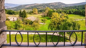 Ein Balkon mit Metallgeländer, der auf eine grüne Landschaft mit Bäumen und einem fernen Gebirge blickt.