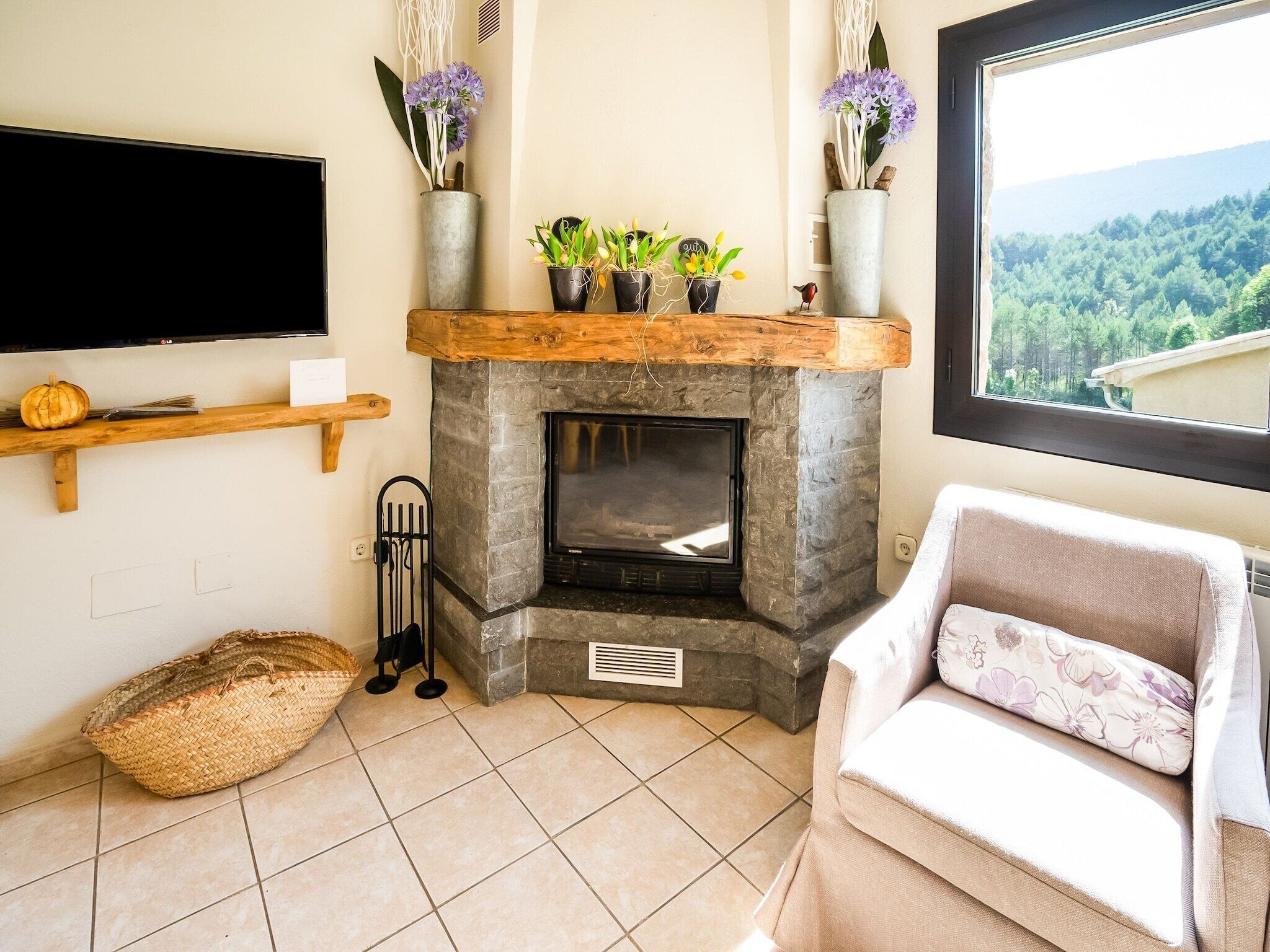 Una sala de estar acogedora con chimenea de piedra, televisor montado en la pared y vistas a un bosque a través de una ventana.