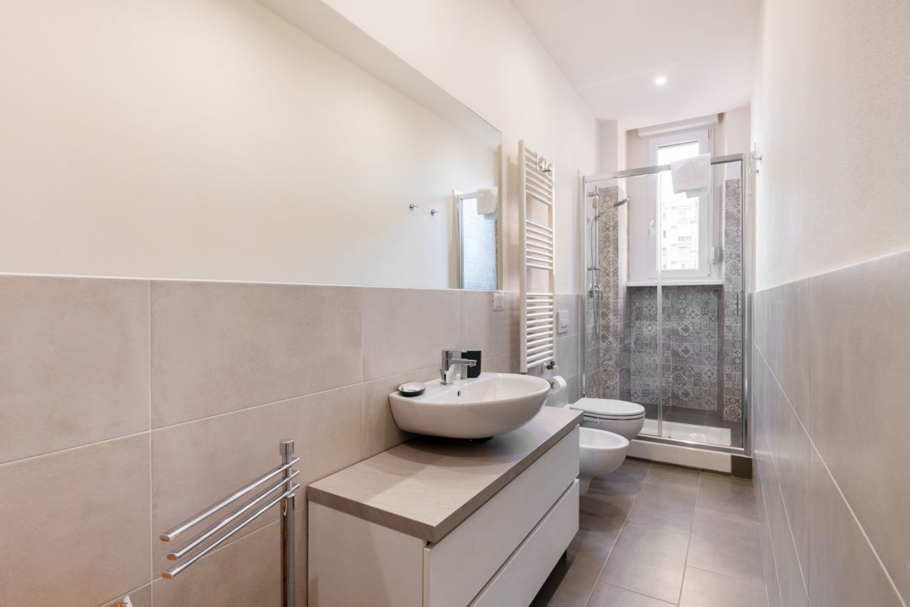 Shower, hair dryer, bidet, towels
