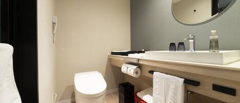 A modern bathroom with a toilet, sink, and mirror.