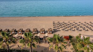 A beach with rows of thatched-roof lounge chairs and umbrellas, palm trees, and a clear view of the sea. - Adora Calma Beach Hotel - Adults Only (Manavgat)