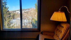 Ein Zimmer mit großem Fenster und Blick auf eine verschneite Landschaft und Bäume.