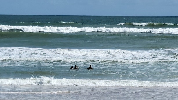 Una playa con olas, cielo despejado y algunas personas en el agua.