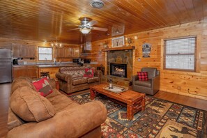 TV, fireplace, video games - Country Cabin In The City: Private, Home Theater, Game Room, Hot Tub, Wi-Fi, near Attractions! (Pigeon Forge)
