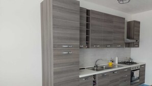 Une cuisine moderne avec des meubles de couleur grise, un évier en acier inoxydable et une cuisinière à gaz.