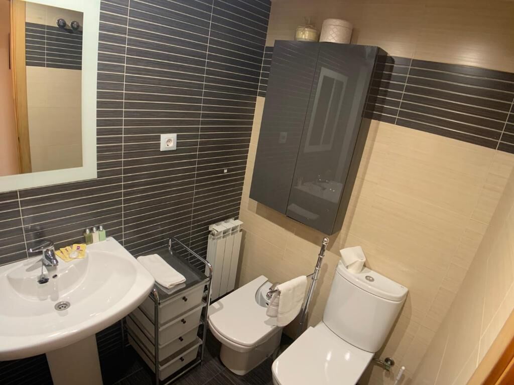 A bathroom with a sink, two toilets, a mirror, and a cabinet.