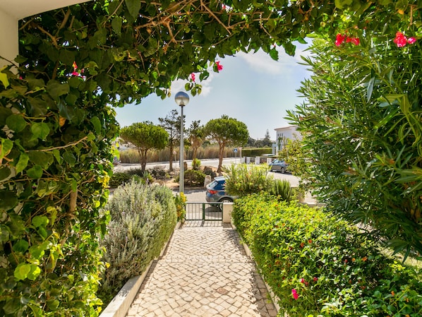 A paved pathway leading to a building entrance, surrounded by lush greenery and flowering plants.